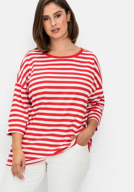 Sheego Ringelshirt Mit überschnittenen Schultern - Mohnrot-offwhite Sheego