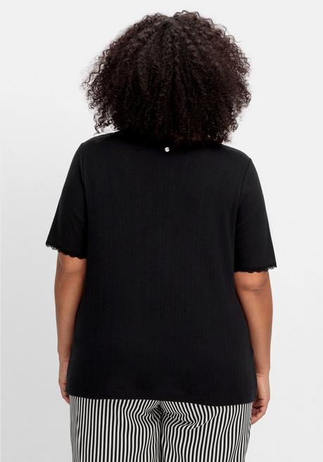 Sheego Rippshirt Im Ajourmuster, Mit Spitzendetails - Schwarz Sheego