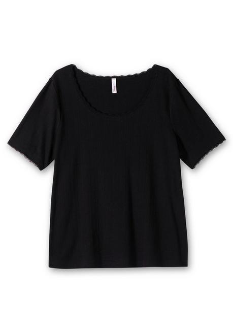 Sheego Rippshirt Im Ajourmuster, Mit Spitzendetails - Schwarz Sheego