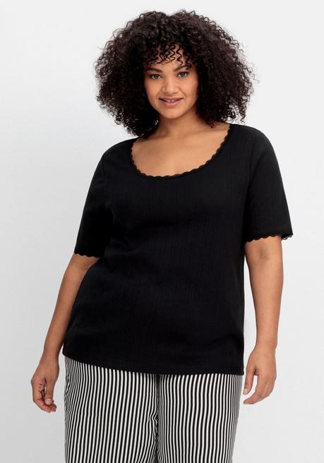 Sheego Rippshirt Im Ajourmuster, Mit Spitzendetails - Schwarz Sheego