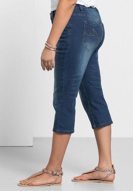 Sheego Schmale Caprijeans Mit Used-Effekten - Blue Denim Sheego