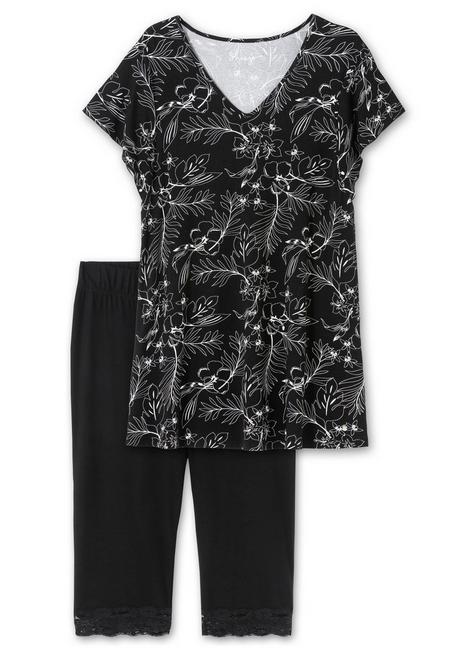 Sheego Set Aus Floralem Jerseyshirt Und 3/4-Leggings - Schwarz-weiß Sheego