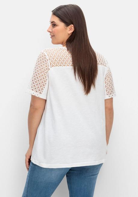 Sheego Jerseyshirt Mit Spitzenpasse - Weiß Sheego