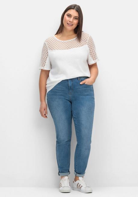 Sheego Jerseyshirt Mit Spitzenpasse - Weiß Sheego