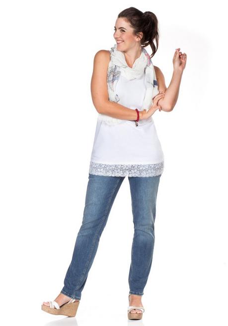 Sheego Top Mit Spitzenbordüre Am Saum - Weiß Sheego