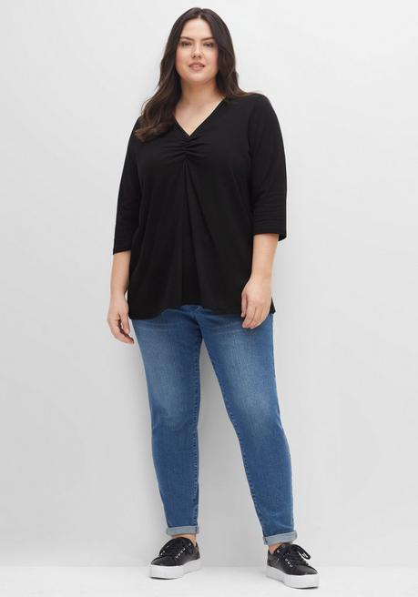 Sheego Shirt Aus Jersey, Mit V-Ausschnitt Und Kellerfalte - Schwarz Sheego