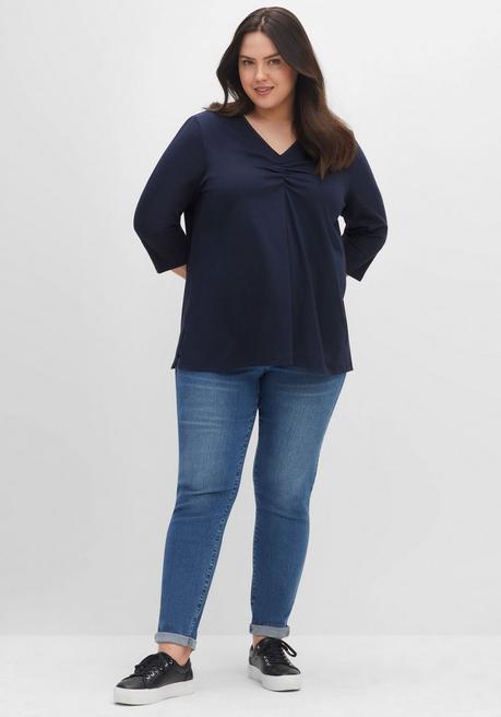 Sheego Shirt Aus Jersey, Mit V-Ausschnitt Und Kellerfalte - Nachtblau Sheego