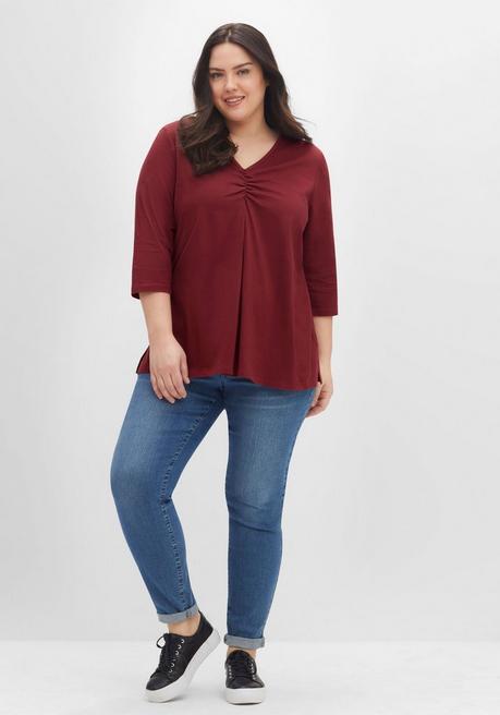Sheego Shirt Aus Jersey, Mit V-Ausschnitt Und Kellerfalte - Weinrot Sheego