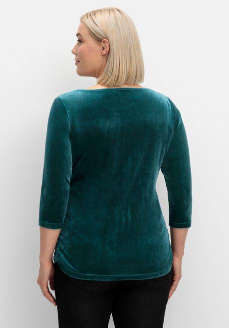 Sheego Shirt Aus Samt, Mit 3/4-Arm Und Raffung Seitlich - Petrol Sheego