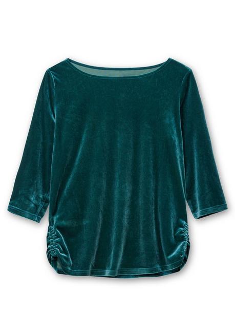 Sheego Shirt Aus Samt, Mit 3/4-Arm Und Raffung Seitlich - Petrol Sheego