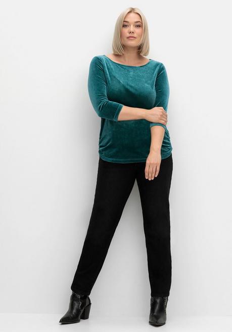 Sheego Shirt Aus Samt, Mit 3/4-Arm Und Raffung Seitlich - Petrol Sheego