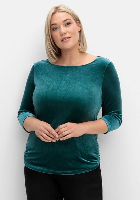 Sheego Shirt Aus Samt, Mit 3/4-Arm Und Raffung Seitlich - Petrol Sheego