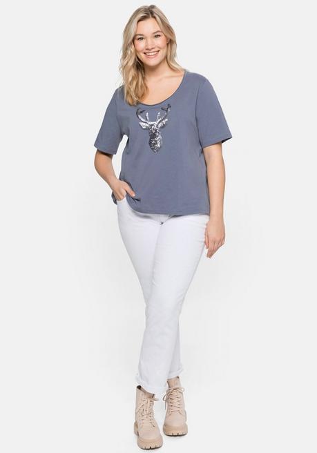 Sheego Shirt Im Trachtenlook, Mit Pailletten - Blaugrau Sheego