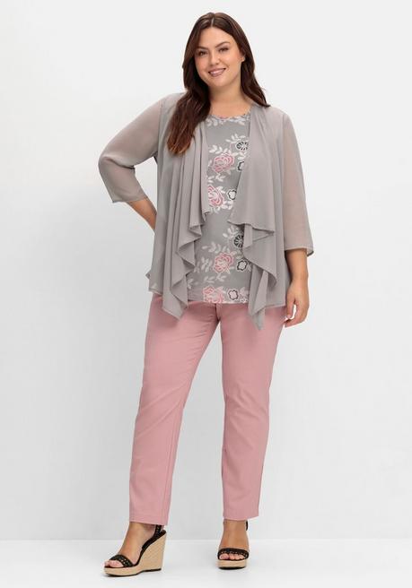 Sheego Shirt In 2-in-1-Optik Mit Einsatz Aus Mesh - Grau Gemustert Sheego