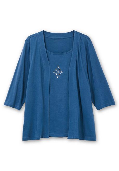 Sheego Shirt In 2-in-Optik, Mit 3/4-Ärmeln Und Glitzerdetail - Jeansblau Sheego