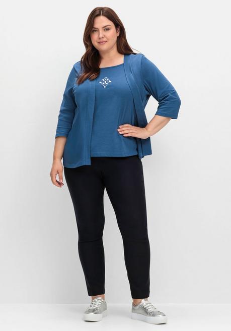 Sheego Shirt In 2-in-Optik, Mit 3/4-Ärmeln Und Glitzerdetail - Jeansblau Sheego