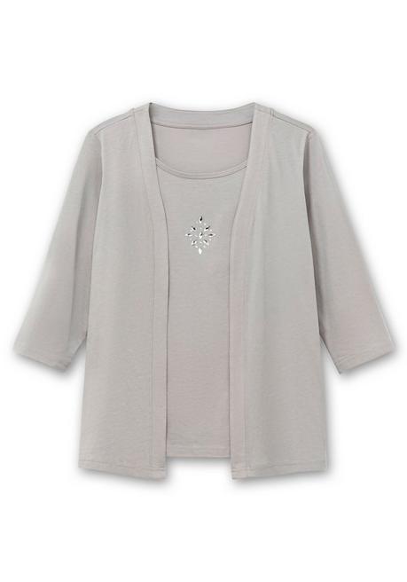 Sheego Shirt In 2-in-Optik, Mit 3/4-Ärmeln Und Glitzerdetail - Steingrau Sheego