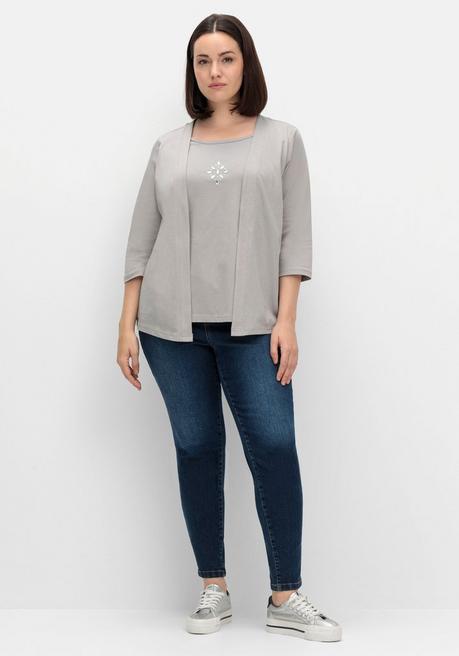 Sheego Shirt In 2-in-Optik, Mit 3/4-Ärmeln Und Glitzerdetail - Steingrau Sheego