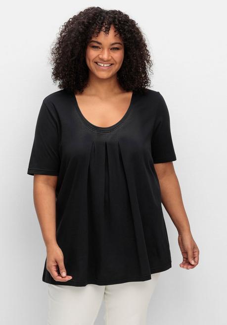 Sheego Shirt In A-Linie, Mit Kellerfalten Am Ausschnitt - Schwarz Sheego