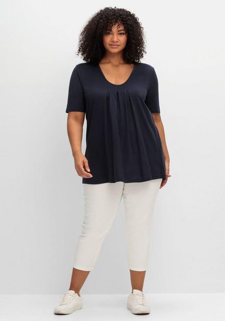 Sheego Shirt In A-Linie, Mit Kellerfalten Am Ausschnitt - Tiefblau Sheego