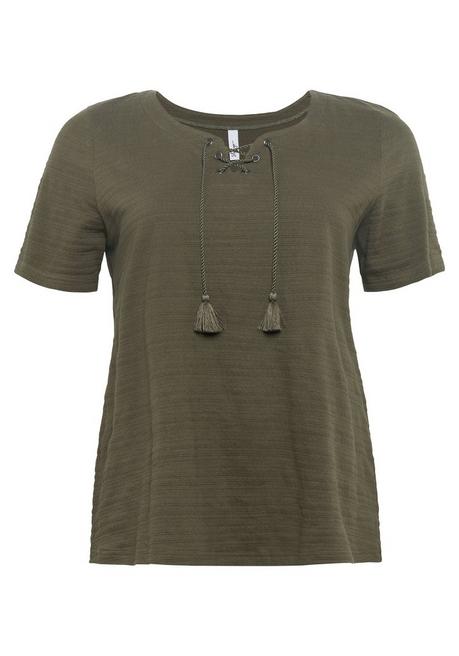 Sheego Shirt In Jacquard-Optik, Bindeband Am Ausschnitt - Dunkelkhaki Sheego