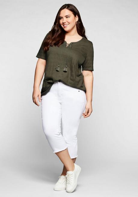 Sheego Shirt In Jacquard-Optik, Bindeband Am Ausschnitt - Dunkelkhaki Sheego