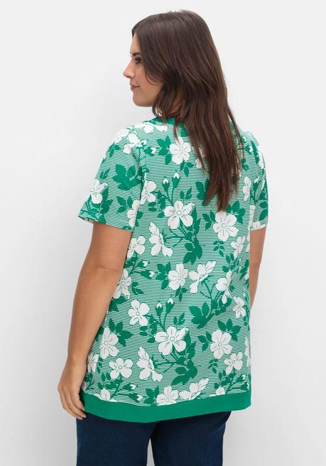 Sheego Shirt In Leichter A-Linie, Mit Blumendruck Und Streifen - Tiefgrün Gemustert Sheego