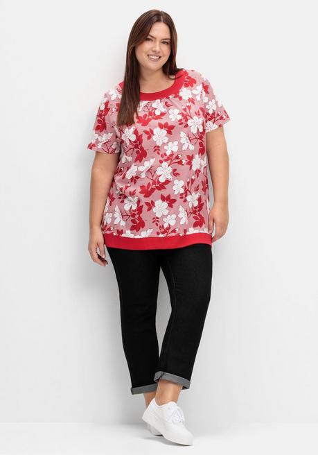 Sheego Shirt In Leichter A-Linie, Mit Blumendruck Und Streifen - Rot Gemustert Sheego