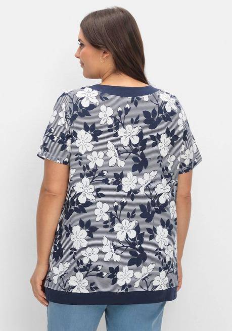 Sheego Shirt In Leichter A-Linie, Mit Blumendruck Und Streifen - Marine Gemustert Sheego