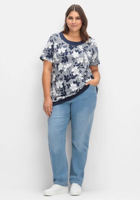 Sheego Shirt In Leichter A-Linie, Mit Blumendruck Und Streifen - Marine Gemustert Sheego