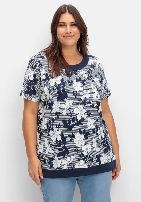 sheego Shirt in leichter A-Linie, mit Blumendruck und Streifen - marine gemustert sheego