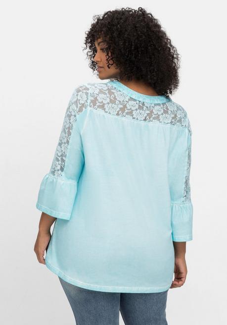 Sheego By Joe Browns Shirt In Oil-dyed-Waschung, Mit Floraler Spitze - Pastellblau Sheego