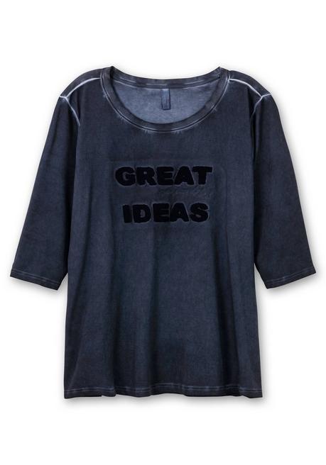 Sheego Shirt Mit 3/4-Arm Und Teddy-Stickerei Vorn - Nachtblau Sheego