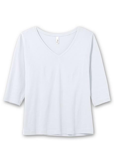 Sheego Shirt Mit 3/4-Arm Und V-Ausschnitt, In Rippqualität - Weiß Sheego