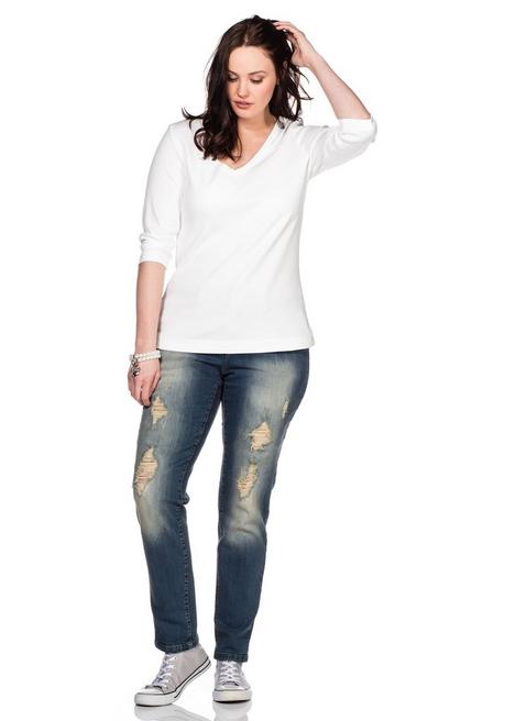 Sheego Shirt Mit 3/4-Arm Und V-Ausschnitt, In Rippqualität - Weiß Sheego