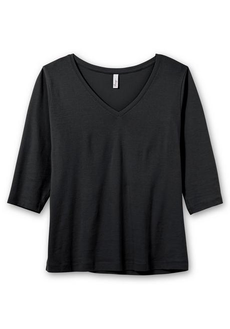Sheego Shirt Mit 3/4-Arm Und V-Ausschnitt, In Rippqualität - Schwarz Sheego