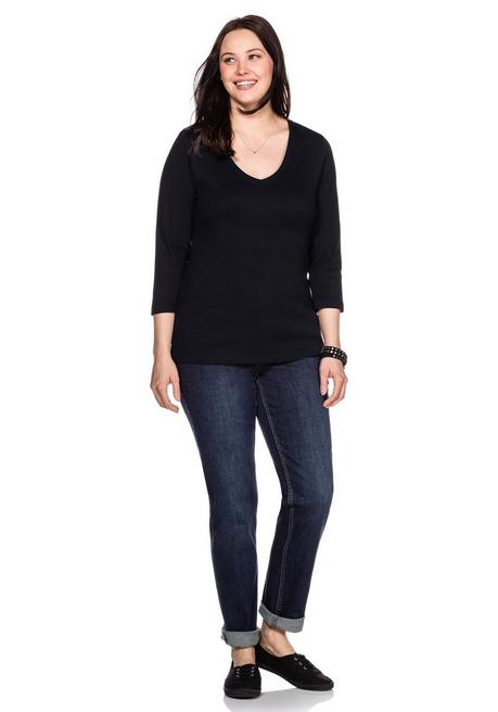 Sheego Shirt Mit 3/4-Arm Und V-Ausschnitt, In Rippqualität - Schwarz Sheego