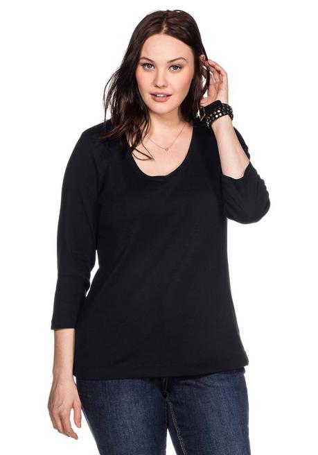sheego Shirt mit 3/4-Arm und V-Ausschnitt, in Rippqualität - schwarz sheego