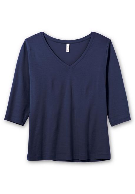 Sheego Shirt Mit 3/4-Arm Und V-Ausschnitt, In Rippqualität - Marine Sheego