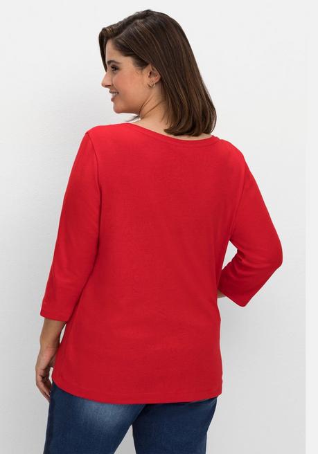 Sheego Shirt Mit 3/4-Arm Und V-Ausschnitt, In Rippqualität - Mohnrot Sheego