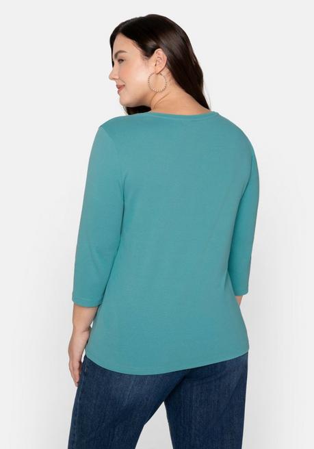 Sheego Shirt Mit 3/4-Arm Und V-Ausschnitt, In Rippqualität - Aqua Sheego