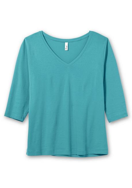 Sheego Shirt Mit 3/4-Arm Und V-Ausschnitt, In Rippqualität - Aqua Sheego