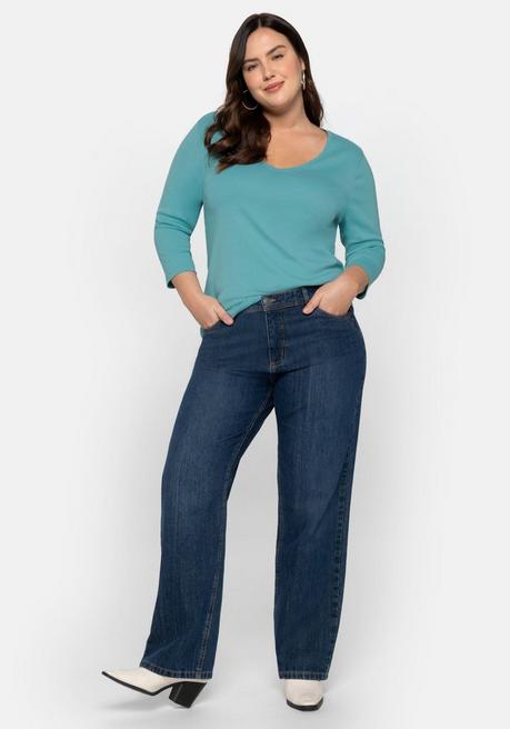 Sheego Shirt Mit 3/4-Arm Und V-Ausschnitt, In Rippqualität - Aqua Sheego