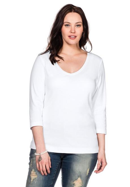 Sheego Shirt Mit 3/4-Arm Und V-Ausschnitt, In Rippqualität - Weiß Sheego