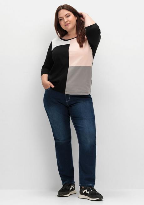 Sheego Shirt Mit 3/4-Ärmeln Und Grafikprint Vorn - Schwarz Gemustert Sheego