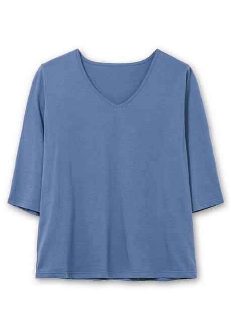 Sheego Shirt Mit 3/4-Ärmeln Und V-Ausschnitt - Jeansblau Sheego