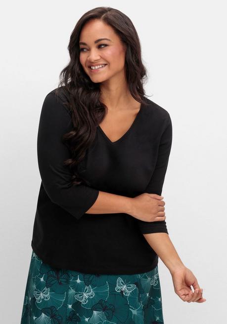 sheego Shirt mit 3/4-Ärmeln und V-Ausschnitt - schwarz sheego