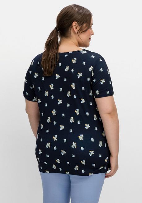 Sheego Shirt Mit Allover-Blümchendruck Und V-Ausschnitt - Nachtblau Gemustert Sheego