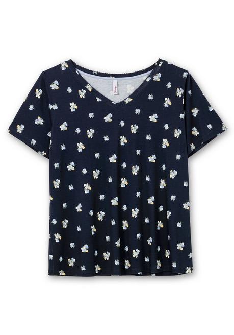Sheego Shirt Mit Allover-Blümchendruck Und V-Ausschnitt - Nachtblau Gemustert Sheego