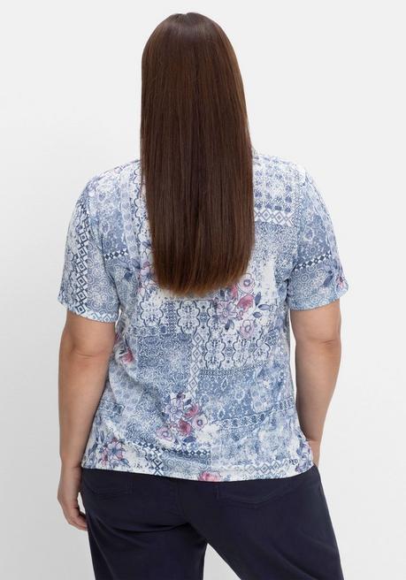 Sheego Shirt Mit Alloverprint Und V-Ausschnitt - Blau Gemustert Sheego